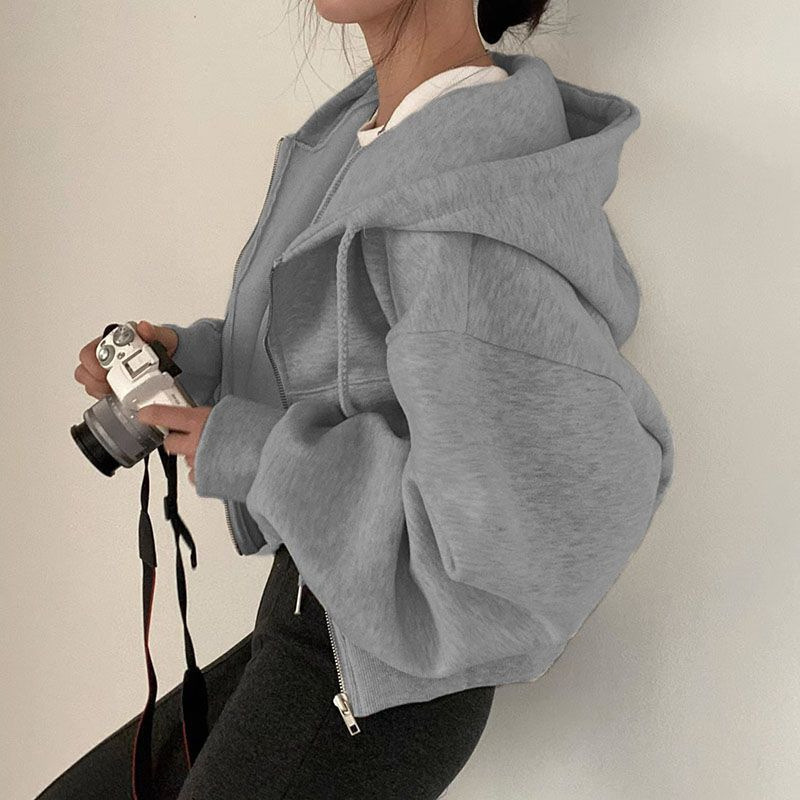 Zipper hoodie long-sleeved sweater loose and casual simple and trendy easy-matching pure color fashionable and laid-back jacket wholesale