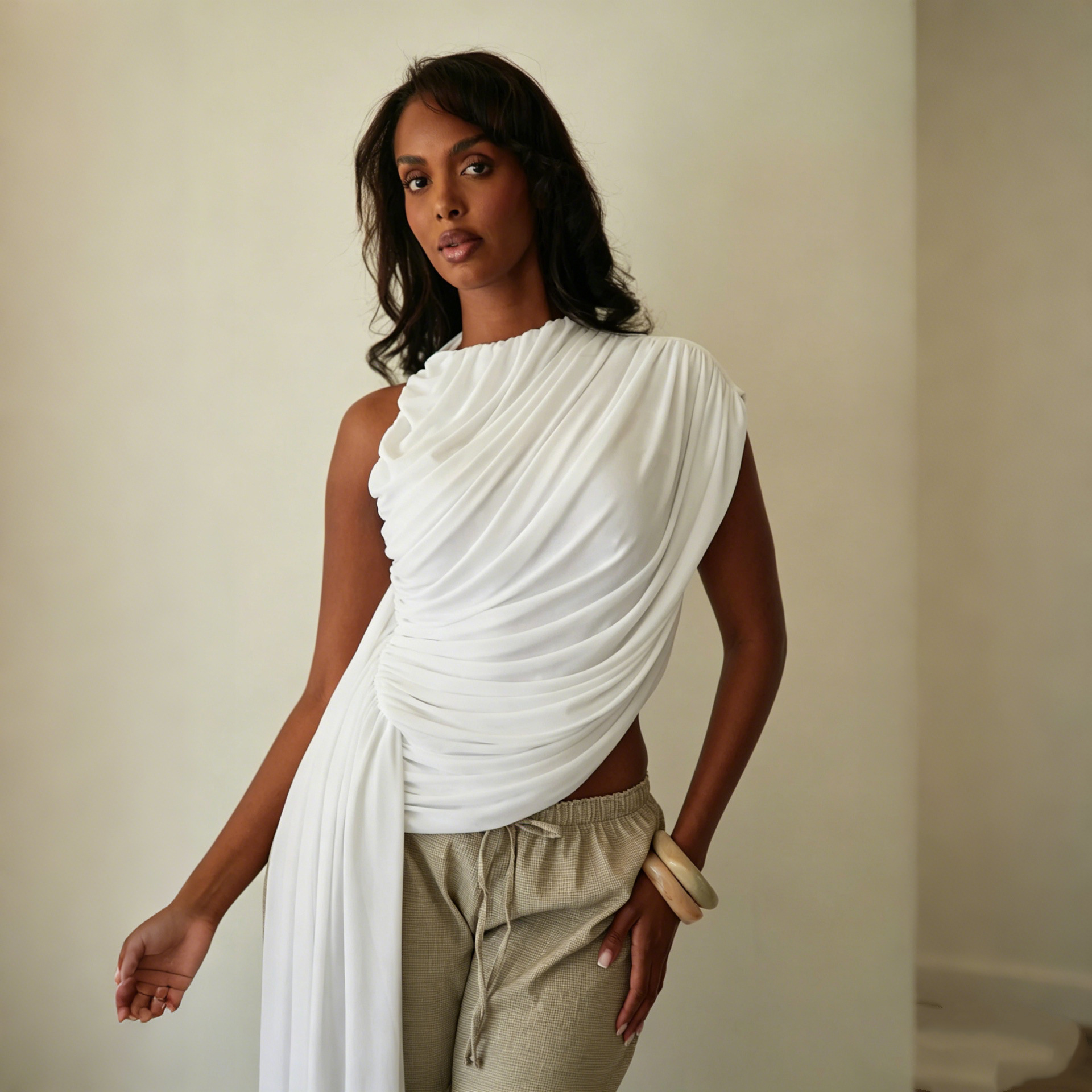 Alternative view of In-stock cross-border European and American women s new fashion irregular pure color pleated sleeveless ribbon round neck T-shirt top for women