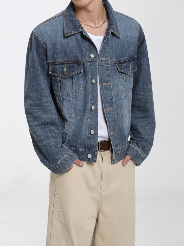 Alternative view of MYQ cool and casual short denim jacket for men autumn loose-fitting turtleneck top Korean style commuter vintage jacket