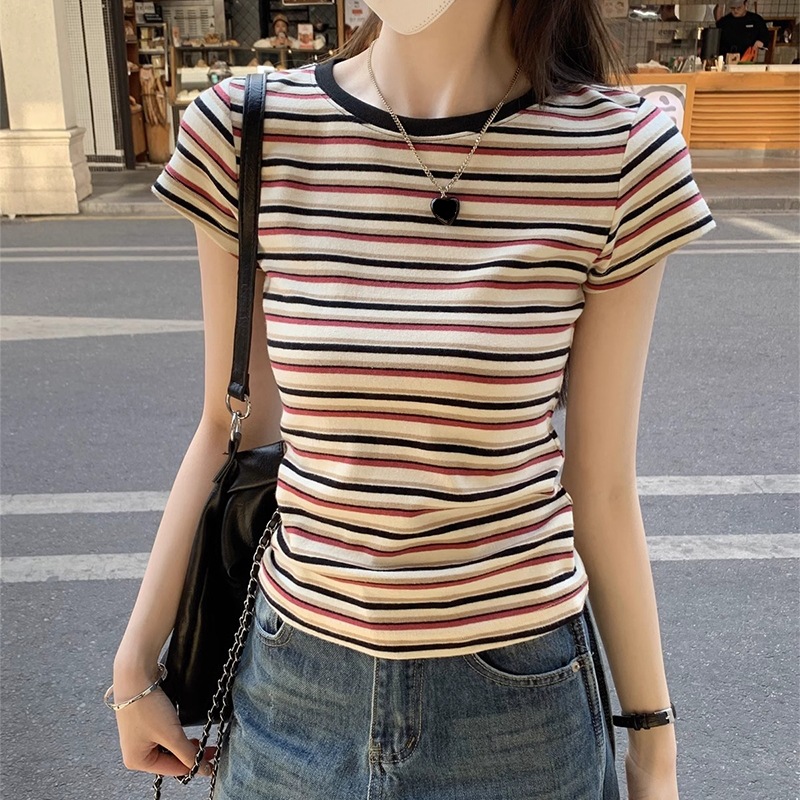 Alternative view of 2026 new summer rainbow striped contrast color short-sleeved T-shirt for women slim-fitting and sweet-cool top with niche design sense
